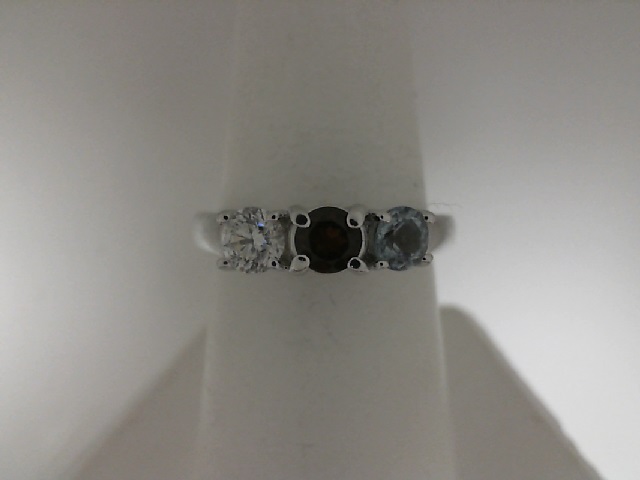 14 Karat White Gold 3 Stone Mother's Ring - Aquamarine, Garnet And Diamond