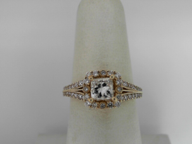 14 Karat Yellow Gold Bridal Set With One 0.50Ct Princess H/I Si2-3 Diamond And 79=0.65Tw Round H/I Si2-3 Diamonds