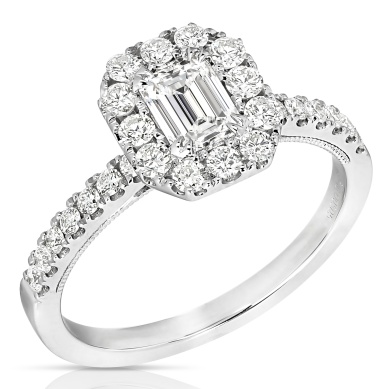 14 Karat White Gold 0.51 Ct Emerald Cut Diamond With 0.39 Ct Round Brilliant Cut Diamond Halo Engagement Ring