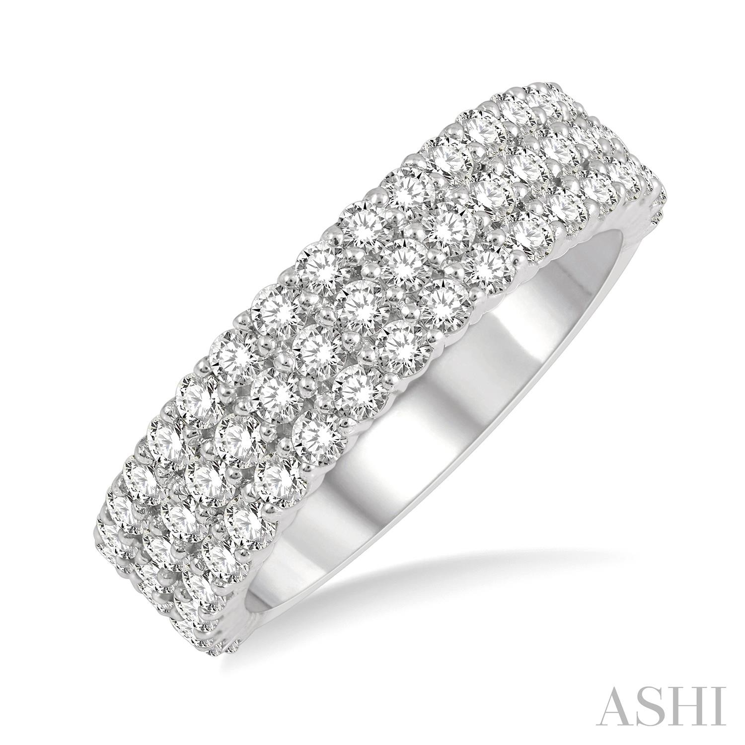 14 Karat White Gold Three Row Wedding Band With 48=1.25 Round Brilliant Diamonds