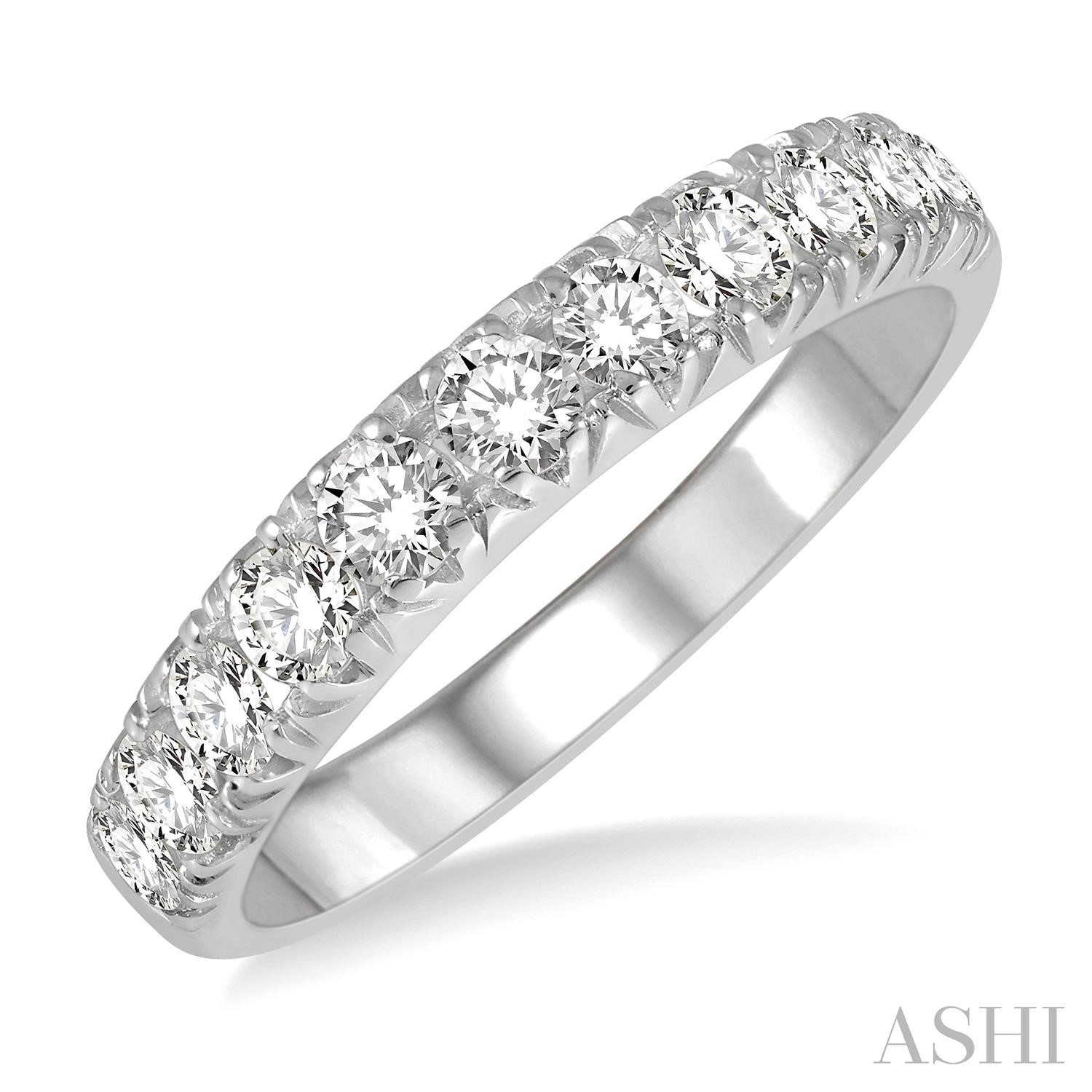 14 Karat White Gold Round Brilliant Cut Diamond Prong Set Wedding Band  0.75 Ct