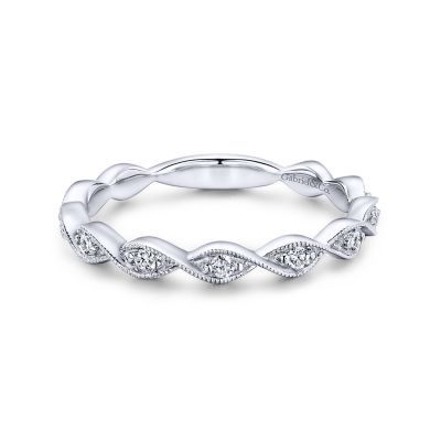 Gabriel & Co: 14 Karat White Gold Twisted Stackable Band With 11 Round Brilliant Diamonds At 0.14 Total Diamond Weight