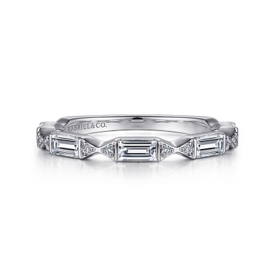 Gabriel & Co:14 Karat White Gold Wedding Band With 5 Baguette And 10 Round G/H SI1-2 Diamonds At 0.50 Total Diamond Weight