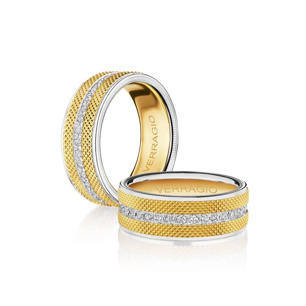 Verragio 14 Karat White And Yellow Gold 8.0 mm Textured Diamond Channel Set Eternity Band 0.64 Ct
Size 10