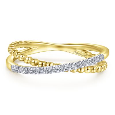Gabriel & Co 14K Yellow Gold Beaded Pavé Diamond Criss Cross Ring