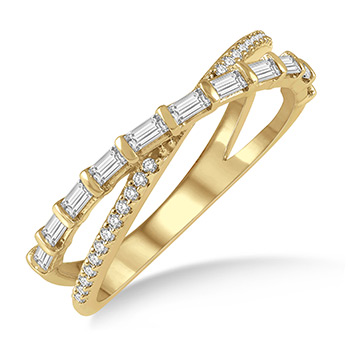 14 Karat Yellow Gold Baguette And Round Diamond  Criss Cross Ring 0.40 Ct