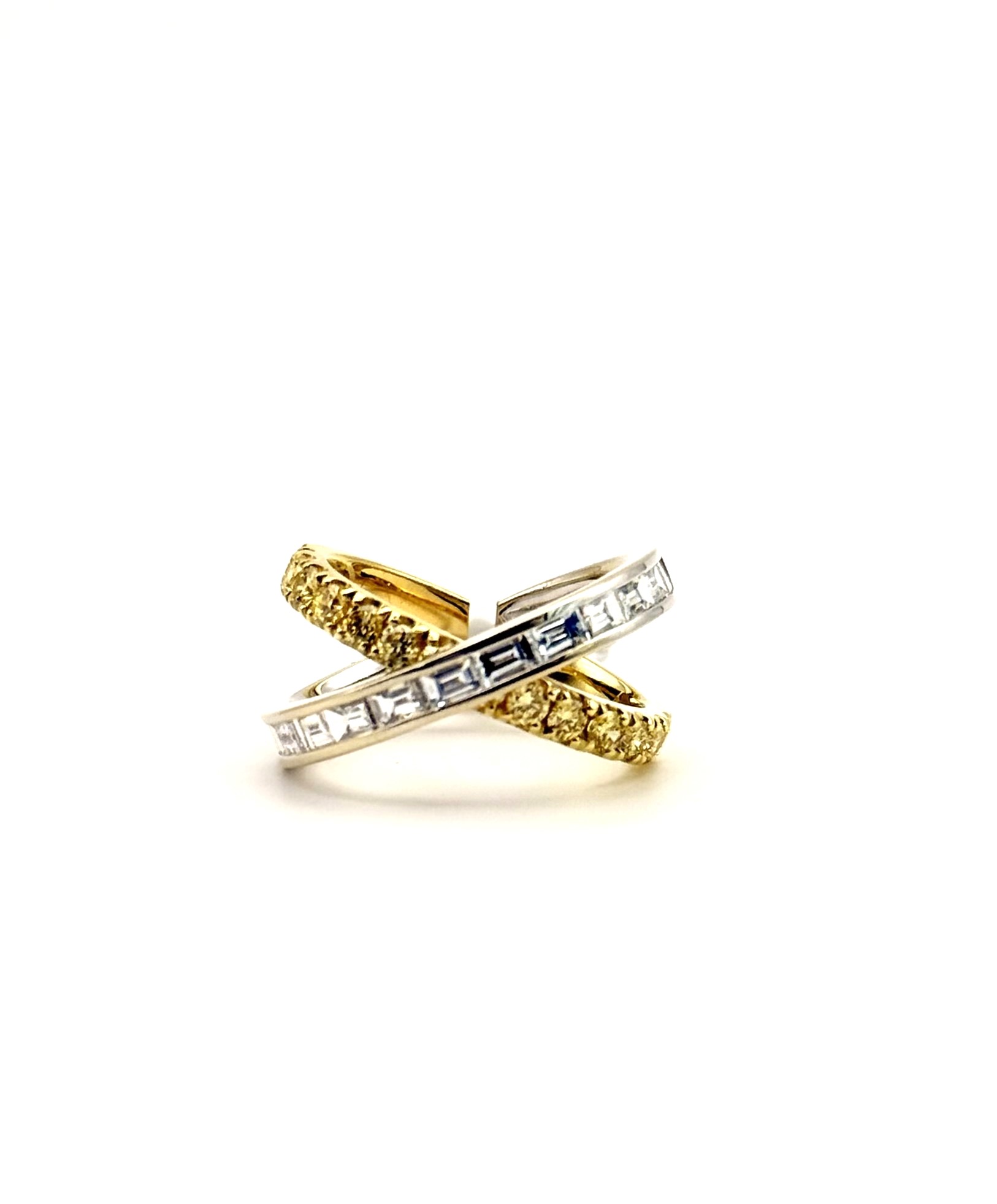 Charles Krypell 18 Karat Yellow/White Crisscross Ring With 14=0.70Tw Round VS-SI Intense Yellow Diamonds And 13=1.09Tw Baguette G/H VVS2-VS1 Diamonds 
Ring Size: 6.5