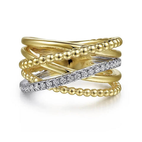Gabriel & Co 14 Karat Yellow And White Gold Bujukan Diamond Criss Cross Ring 0.24 Ct