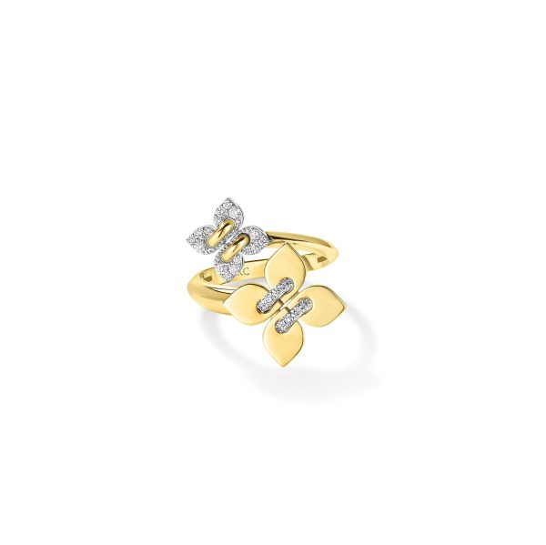 Roberto Coin 18 Karat Yellow/White Gold Love In Verona Filo Bypass 0.14 Ct Diamond Double Flower Ring 
Size 6.5