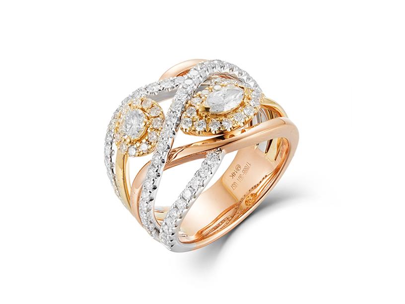 14 Karat Tri-Color Gold Criss-Cross Ring With One 0.23Ct Marquise Diamond And 1.25Tw Round Diamonds 
Ring Size: 7