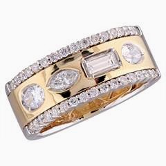 14 Karat Yellow/White Gold  8mm Fashion Band With One 0.18ct Baguette Diamond, One 0.10ct Marquise Diamond
One 0.12ct Oval Diamond & One 0.23ct Pear Diamond With 34=0.34tw Round Diamonds