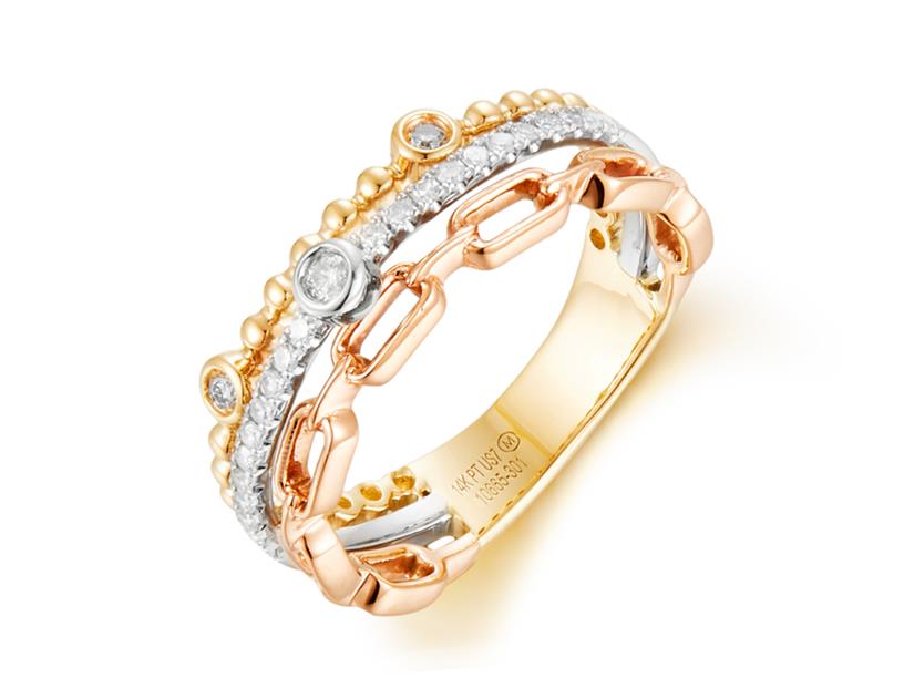 14 Karat Gold & PlatinumTri Color 3 Row Ring With 3=0.05Tw Round  Diamonds And 22=0.13Tw Single Cut Diamonds 
Ring Size: 7