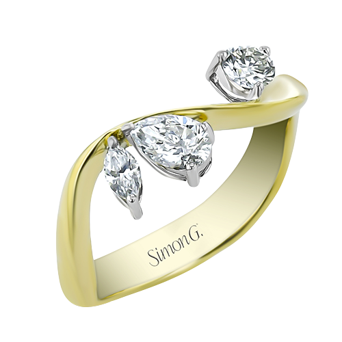 Simon G 18 Karat Yellow And White Gold 0.55 Ct Pear, Marquise And Round Brilliant Cut Diamond Wavy Ring 
Size 6.5