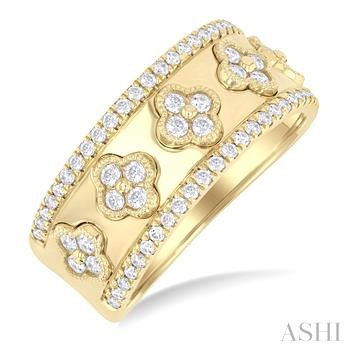 14 Karat Yellow Gold Clover Round Brilliant Cut Diamond Fashion Wide Band 0.62 Ct 
 Riing Size : 7