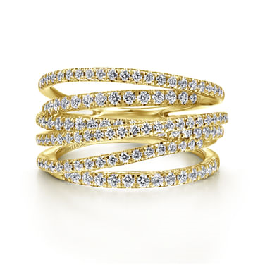 Gabriel & Co 14 Karat Yellow Gold Layered Criss Crossing Wide Band Diamond Ring 0.99Tw