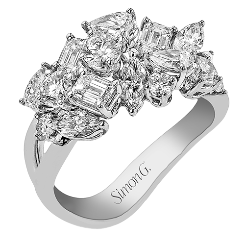 Simon G 18 Karat White Gold 1.73 Cts Round, Pear and Emerald Cut Diamond Ring 
6.5