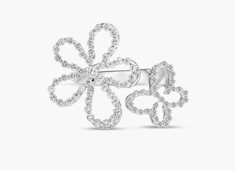Roberto Coin 18 Karat White Gold Jasmine Pavé Diamond Outline Butterfly And Flower Ring 0.63Ctw 
Ring Size : 6.5