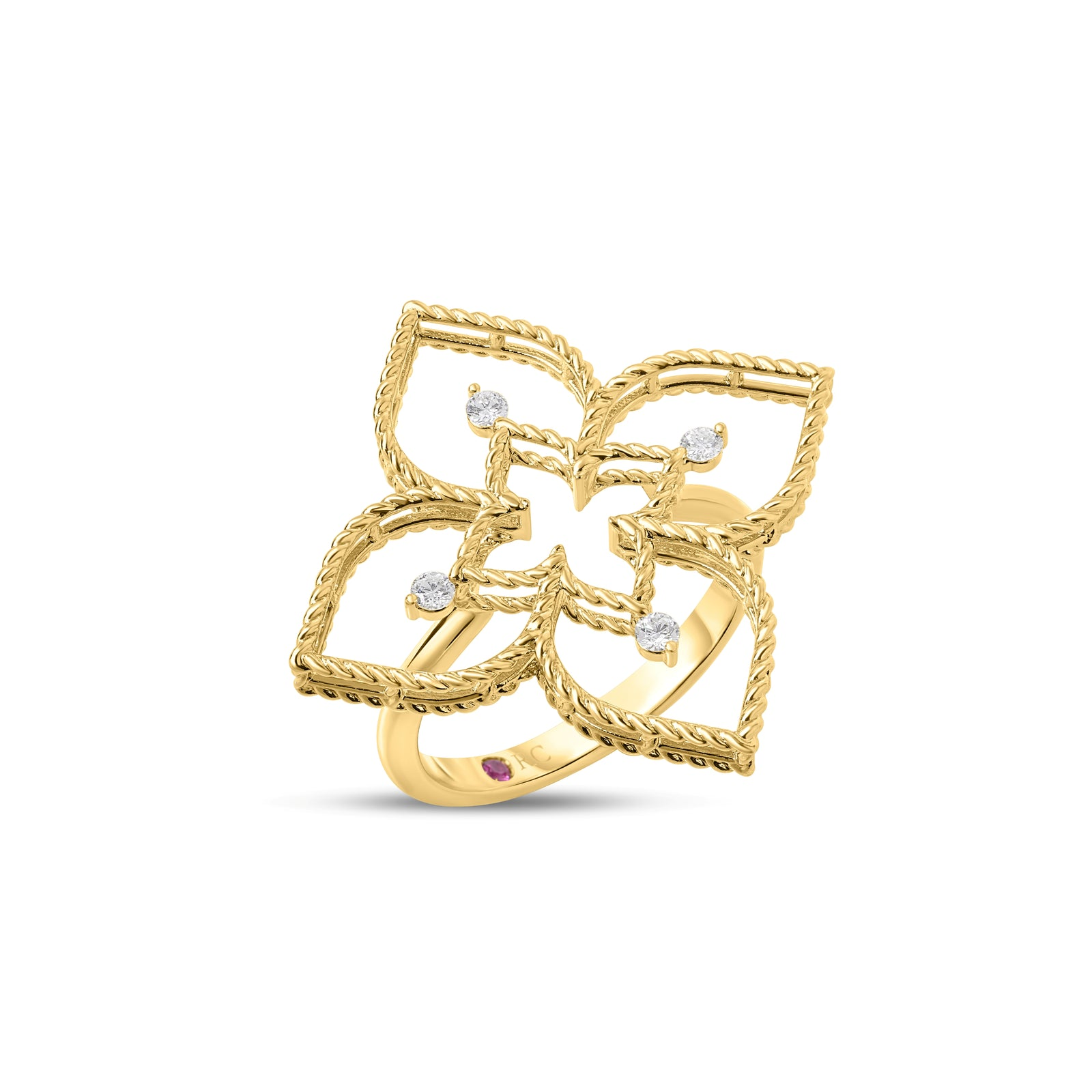 Roberto Coin 18 Karat Yellow Gold Princess Flower Open Frame Diamond Ring 0.04Cts 
Ring Size: 6.5