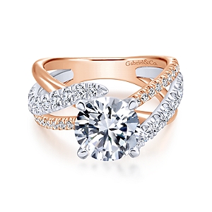 Gabriel & Co:14 Karat White and Rose Gold Freeform Semi-Mount Ring With 40 Round G/H SI1-2 Diamonds At 0.78 Total Diamond Weight 
*Setting only, center stone not included