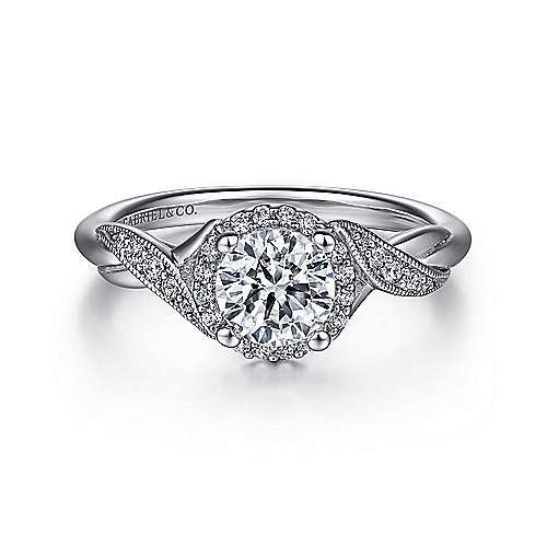 Gabriel & Co14 Karat White Gold  Vintage Inspired Halo Semi-Mount Engagement Ring With 0.14 Total Diamond Weight