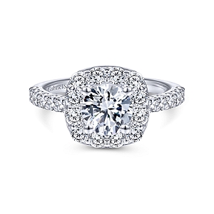 Gabriel & Co:14 Karat White Gold Halo Semi-Mount Ring With 24 Round G/H SI1-2 Diamonds At 0.92 Total Diamond Weight   
*Setting only, center stone not included