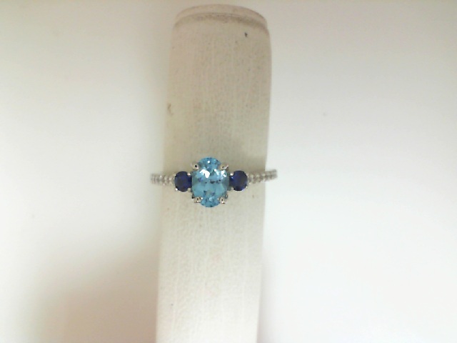 Estate Platinum 1.08 Ct Oval Blue Topaz 0.25 Ct Round Sapphire And 0.27 Ct Diamond Ring
(As Is)
size 7.25