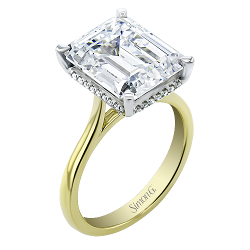 Simon G 18 Karat Yellow And White Gold Emerald Cut Diamond Halo Semi-Mount Ring 0.11 Ct