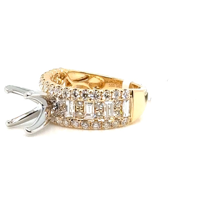 14 Karat Yellow/White Gold Semi-Mounting Engagement Ring With 8=0.71Ct Baguette Cut Diamonds And 50=1.07Ct. Round Cut Diamonds
Ring Size: 6.25