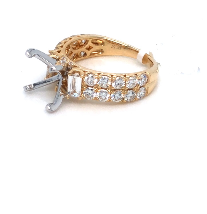 14 Karat Yellow/White Semi-Mount Engagement Ring With 2=0.36Tw Baguette Diamonds And 26=1.22Tw Round Diamonds 
Ring Size 6.5 
Center Size: 8mm