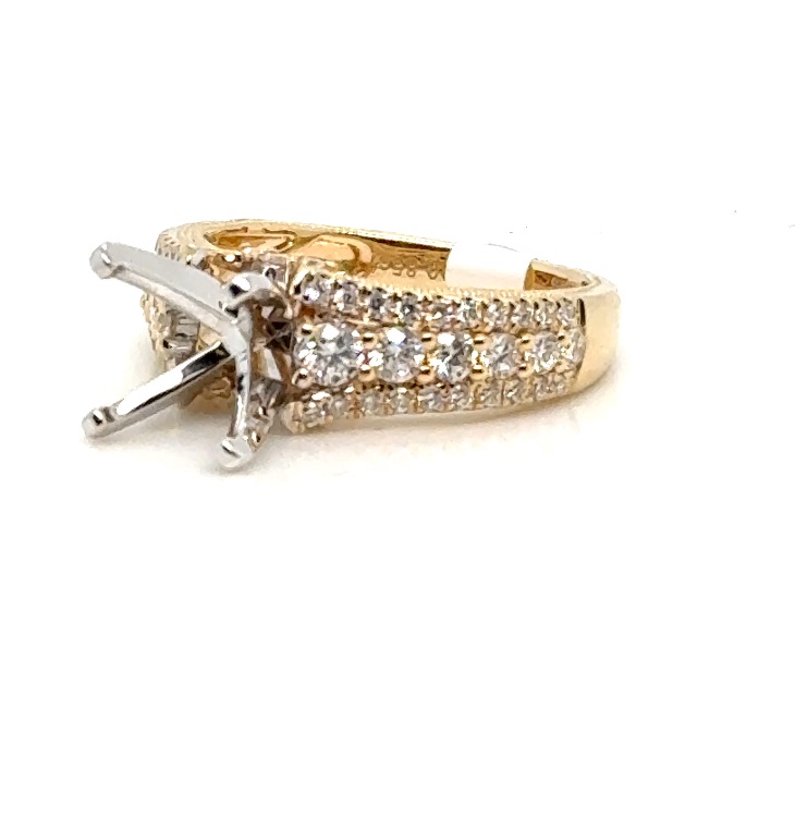 14 Karat Yellow/White Gold Semi-Mount Engagement Ring With 58=0.85Tw Round Diamonds 
Finger Size 6.5