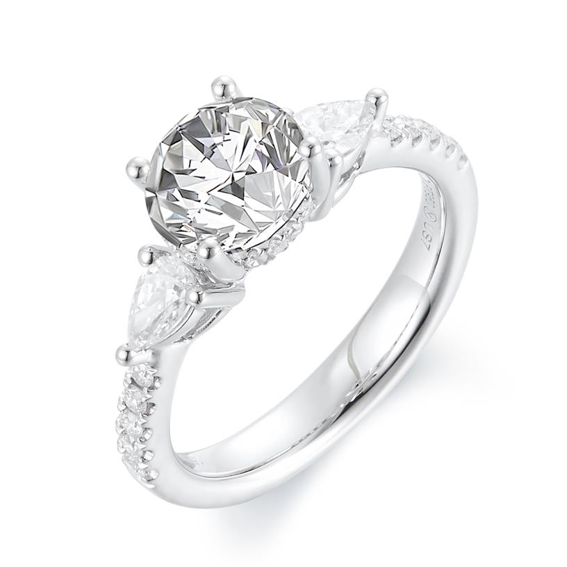 Platinum Semi-Mount Ring With 2=0.36Tw Pear Diamonds, 10=0.13Tw Round Diamonds And 0.08 Twt Other Stones 
Ring Size 7