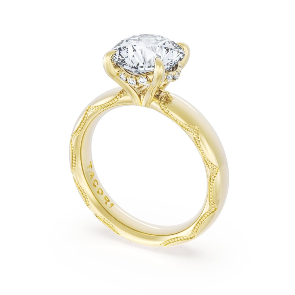 Tacori 18 Karat Yellow Gold Founder's Wide Cigar Band Engagement Ring Setting With Hidden Bloom 0.06 Ct 
Size 6.5