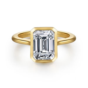Gabriel & Co 14 Karat Yellow Gold Emerald Cut Bezel Set Solitaire Diamond Engagement Ring