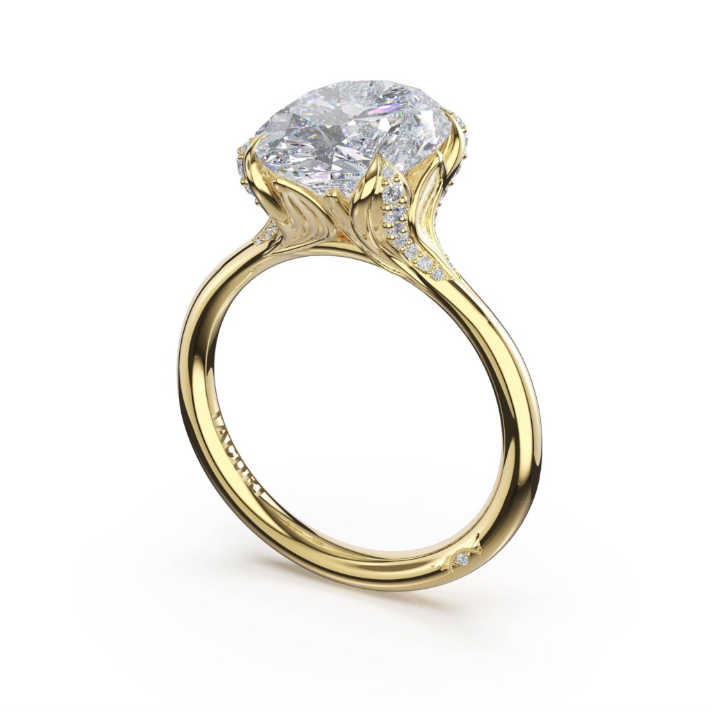 Tacori 14 Karat Yellow Gold Sculpted Crescent Oval Petal Crown Pavé Accent Solitaire 0.11 ct 
size 6.5