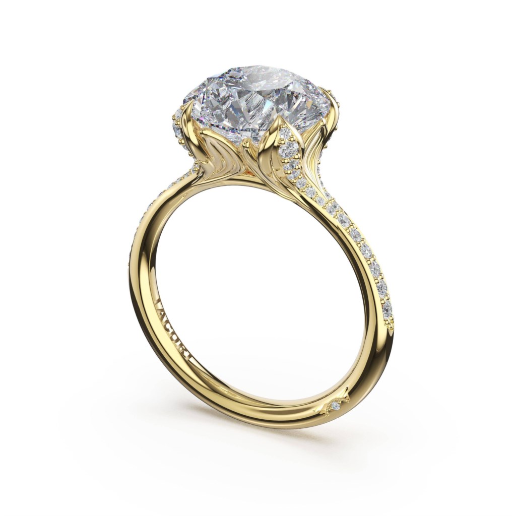 Tacori 14 Karat Yellow Gold Sculpted Crescent Round Petal Crown Pavé Intense Solitaire 0.27 Ct
