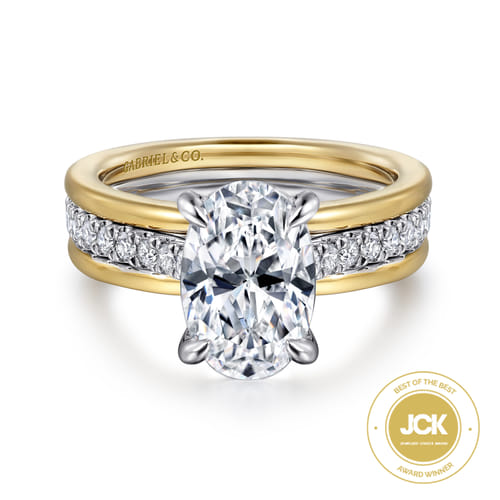 Gabriel & Co 14 Karat Yellow And White Gold Wide Band Oval Diamond Engagement Ring 0.39 Cts
Ring Size: 6.5