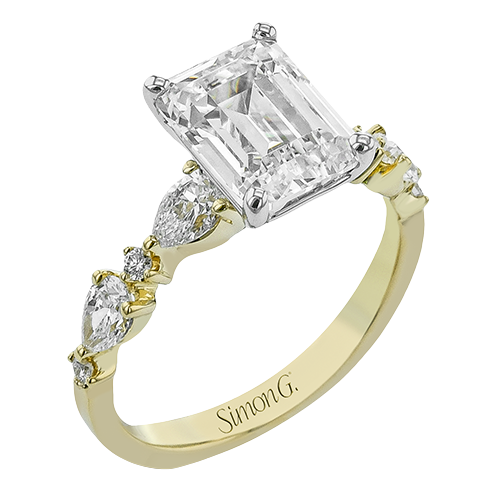 Simon G 14 Karat Yellow/White Gold 0.68 Ct Pear snd Round Diamond Engagment Ring For 10 X8 Emerald Center 
Size 6.5