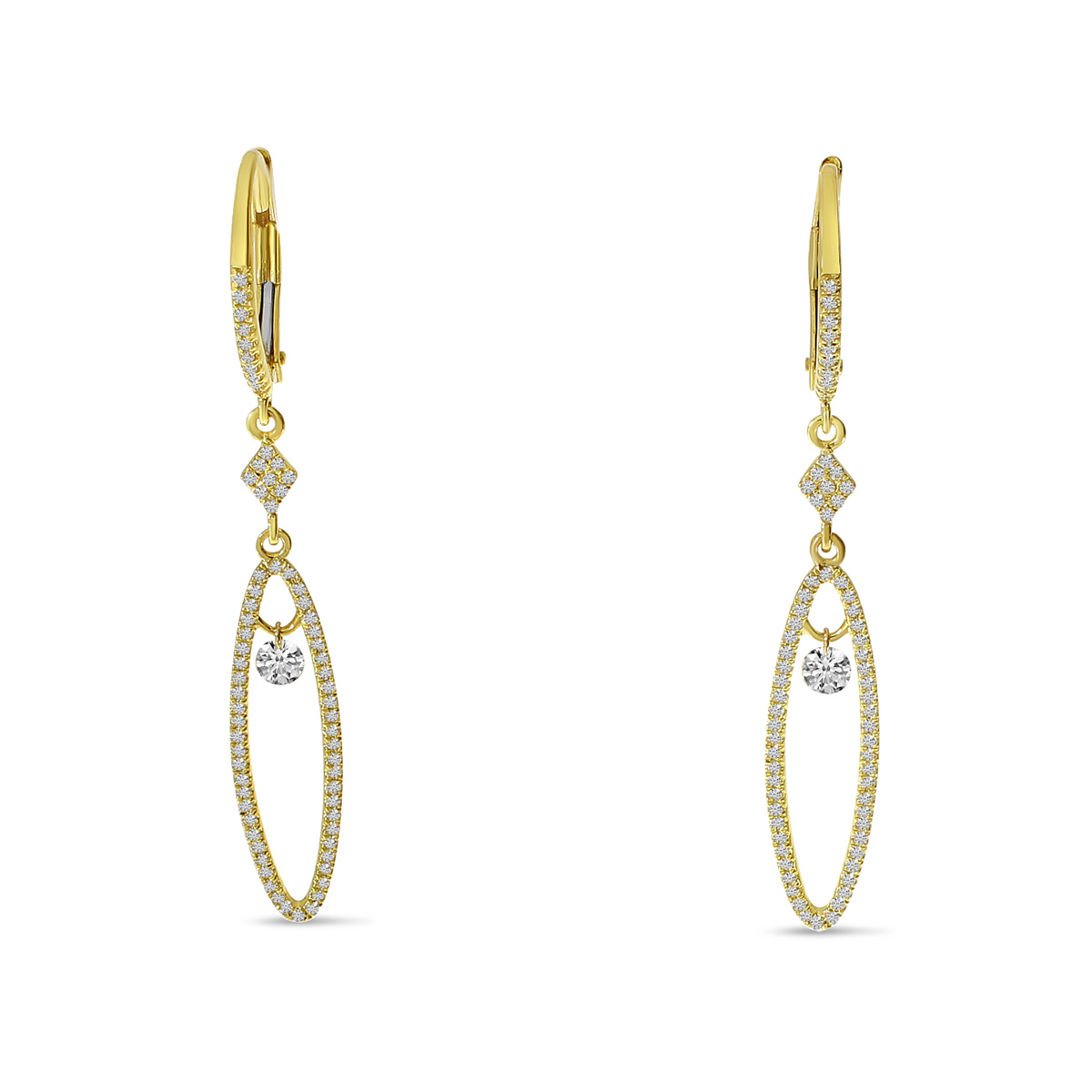 Brevani 14 Karat Yellow Gold Long Oval Dangle Pierced Diamond Earrings 0.51Ctw