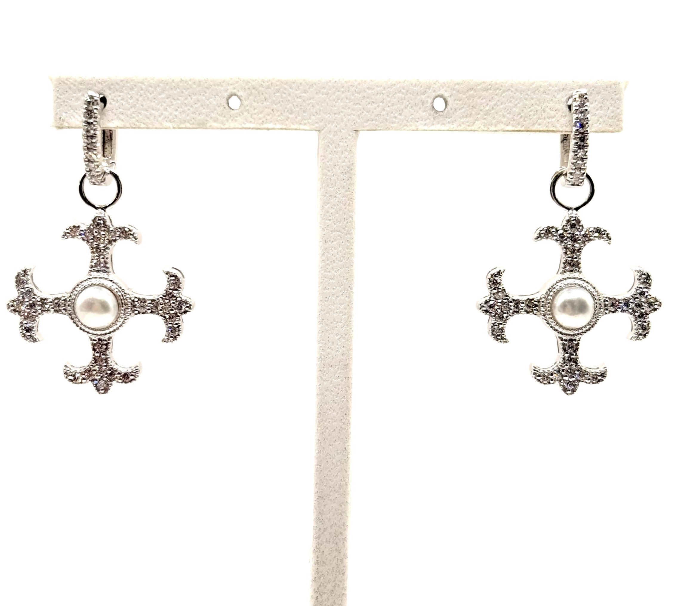 Estate Platinum Huggie Hoop With 18 Karat Gold Jude Frances Fleur De Lis Ear Charms  0.25 Ct Tw (AS IS)