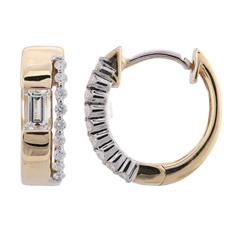 14 Karat Gold And Platinum  Small Hoop Earrings 2=0.54tw Baguette Diamonds & 18=0.16tw Round Diamonds
