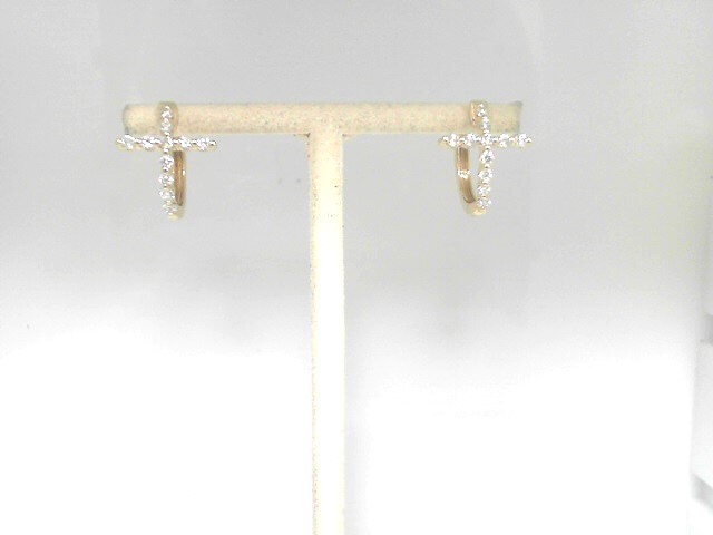 14 Karat Yellow Gold Small Hoop Cross Earrings With 22=0.39Tw Round Diamonds