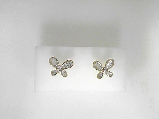 14 Karat Yellow Gold Butterfly Stud Earrings With 28=0.73Tw BaguetteDiamonds And 6=0.03Tw Round  Diamonds