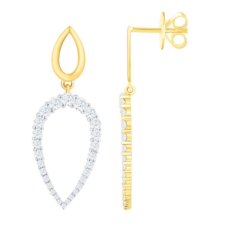 14 Karat Yellow/White Gold Pear Drop Dangle Earrings With 56=0.94Tw Round Diamonds