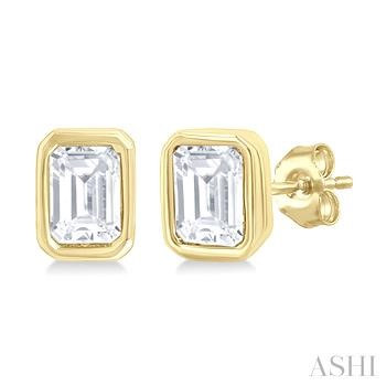 10 Karat Yellow Gold Bezel Set Emerald Cut Diamond Earrings 0.20 Ct