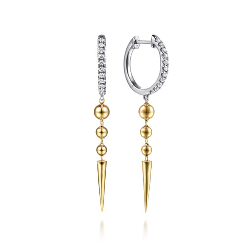 Gabriel & Co14 Karat White & Yellow Gold Bujukan Bullet and Diamond Huggie Drop Earrings-.022ct