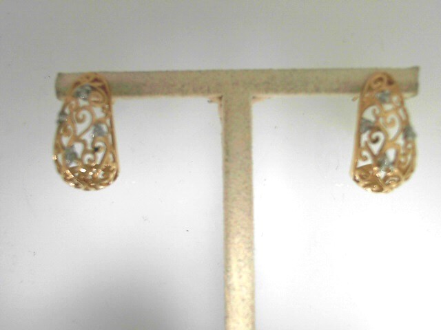 Estate 14 Karat Yellow Gold Filigree J Hook Earrings With 8 single-cut Diamonds (AS IS)