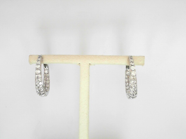 14 Karat White Gold Round Brilliant Cut Diamond Pave Set Inside Outside Hoops 0.97 Cts
