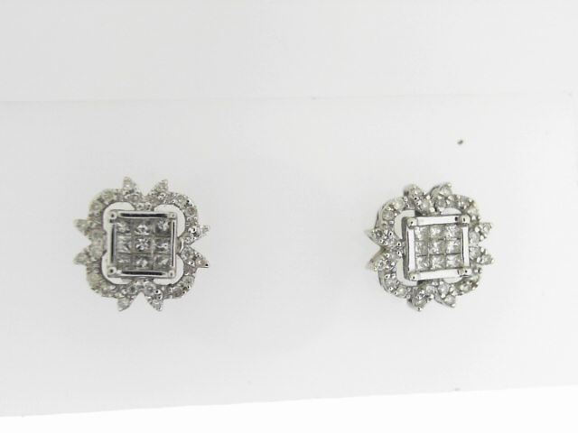 Estate White Gold 14 Karat Earrings With Round & Princess Diamonds