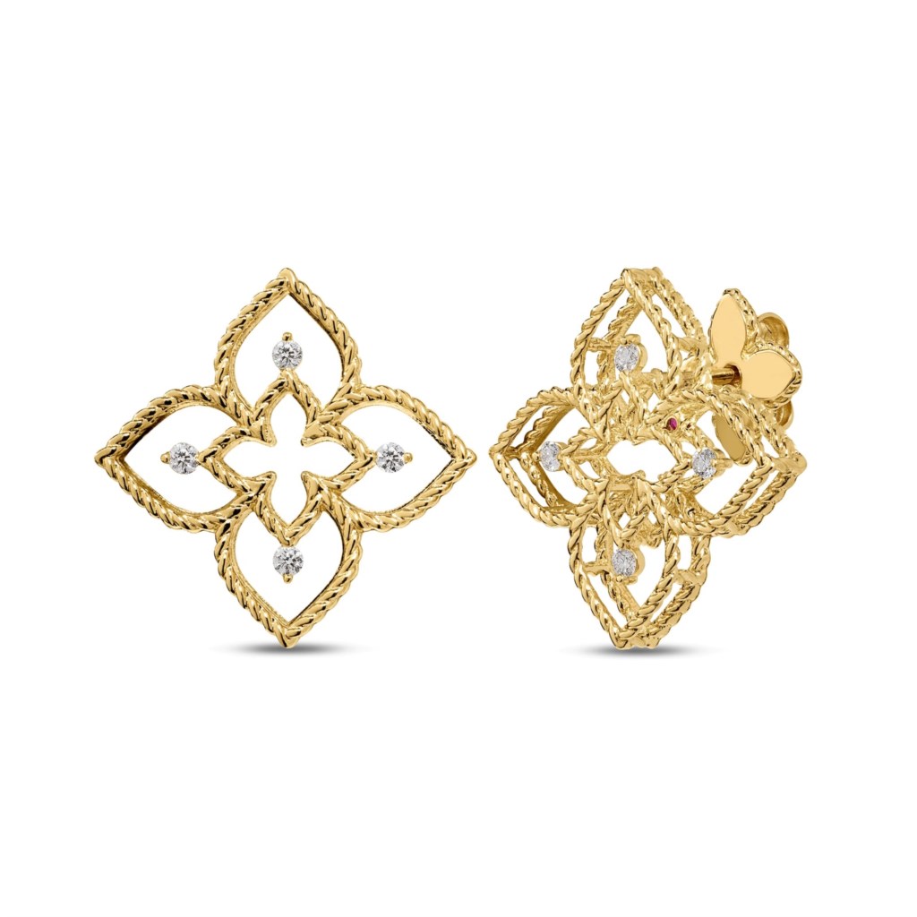 Roberto Coin 18 Karat Yellow Gold Princess Flower Diamond Open Frame Stud Earrings 0.11 Cts