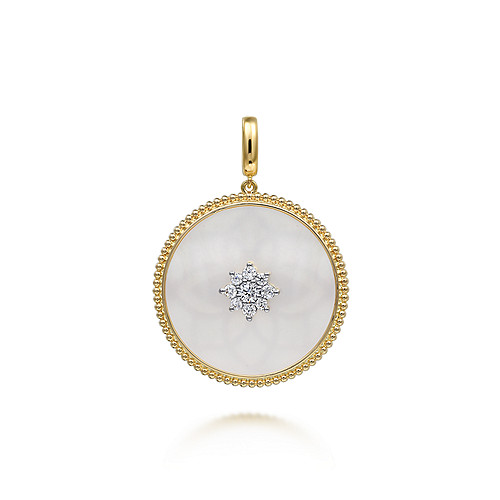 Gabriel & Co 14k Yellow Gold 32mm Bujukan Diamond & Mother Of Pearl Medallion Pendant - 0.49 ct
*Chain Sold Separately